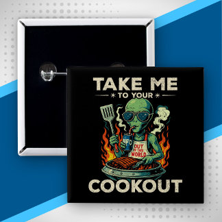 Funny Alien BBQ Cookout Retro UFO Space Grilling 15 Cm Square Badge