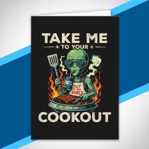 Funny Alien BBQ Cookout Retro UFO Space Grilling Card