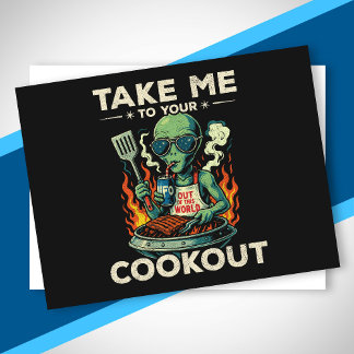 Funny Alien BBQ Cookout Retro UFO Space Grilling Holiday Postcard