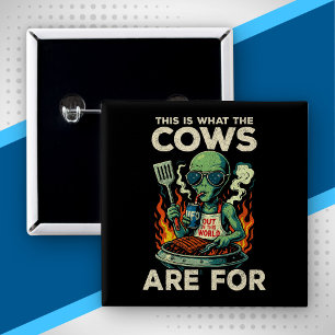 Funny Alien BBQ Grill Cow Abduction Joke Retro UFO 15 Cm Square Badge