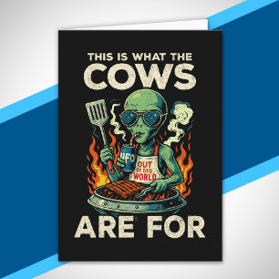 Funny Alien BBQ Grill Cow Abduction Joke Retro UFO Card