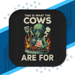 Funny Alien BBQ Grill Cow Abduction Joke Retro UFO Paper Plate