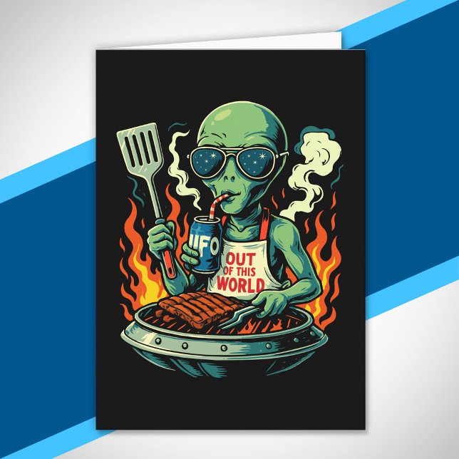 Funny Alien BBQ Illustration Retro Sci Fi Grilling Card (Creator Uploaded)