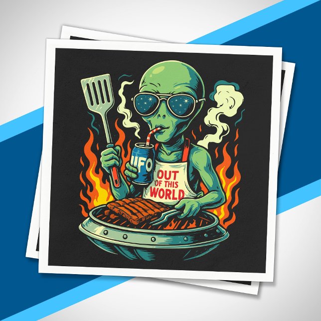Funny Alien BBQ Illustration Retro Sci Fi Grilling Napkin (Creator Uploaded)