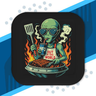 Funny Alien BBQ Illustration Retro Sci Fi Grilling Paper Plate