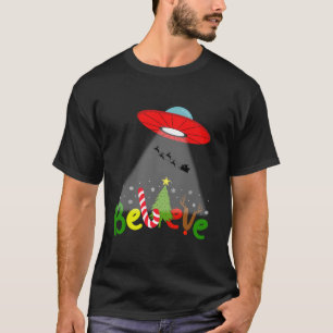 Funny Alien Believe UFO Christmas Tree Snowflakes T-Shirt