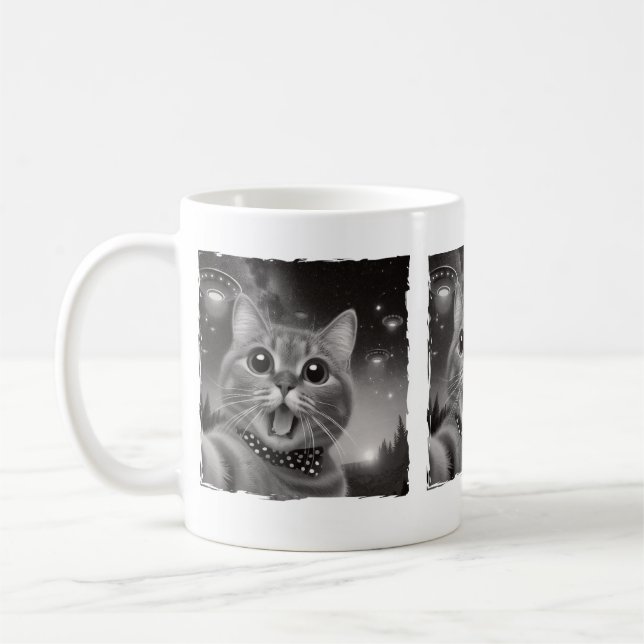 Funny Alien Cat Abduction Surprised UFOs Cat Lover Coffee Mug (Left)