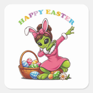Funny Alien Easter Bunny Dabbing Cute Easter Egg Square Sticker