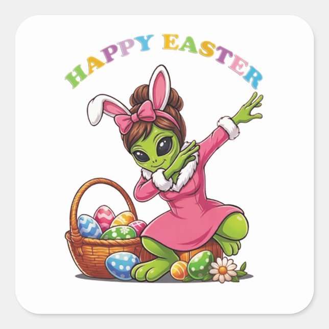Funny Alien Easter Bunny Dabbing Cute Easter Egg Square Sticker (Front)