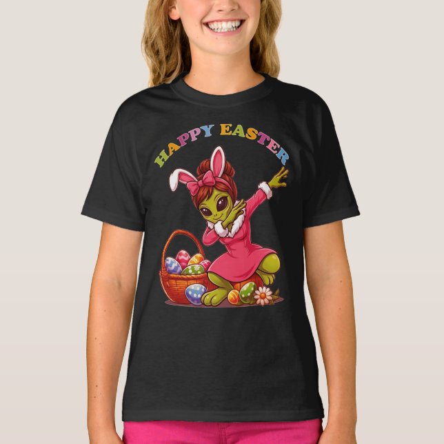 Funny Alien Easter Bunny Dabbing Cute Easter Egg T-Shirt (Front)