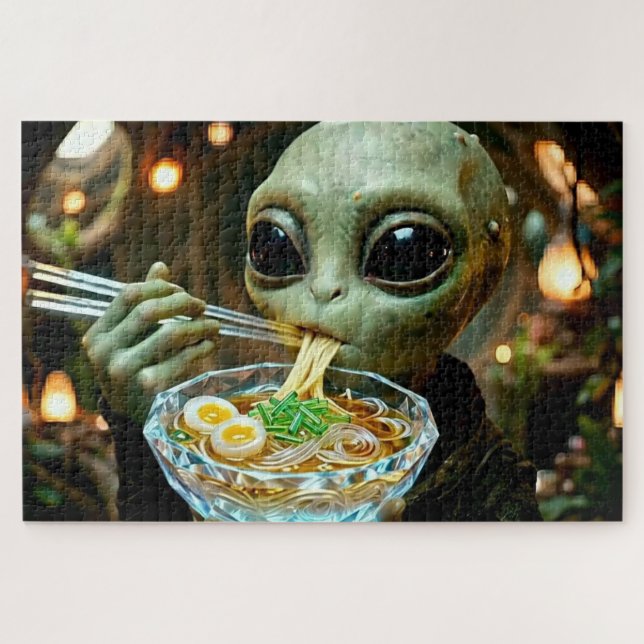 Funny Alien eating Ramen Noodles Monogrammed Jigsaw Puzzle (Horizontal)
