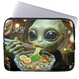 Funny Alien eating Ramen Noodles Monogrammed Laptop Sleeve