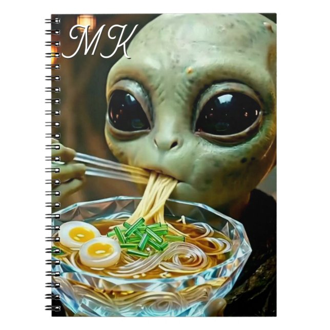 Funny Alien eating Ramen Noodles Monogrammed Notebook (Front)