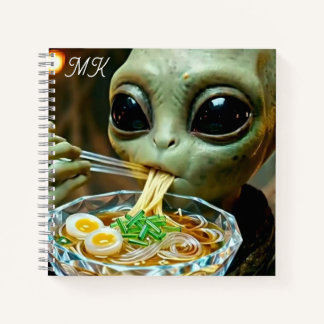 Funny Alien eating Ramen Noodles Monogrammed Notebook