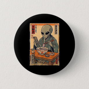 Funny alien eating ramen retro japanese men women 6 cm round badge