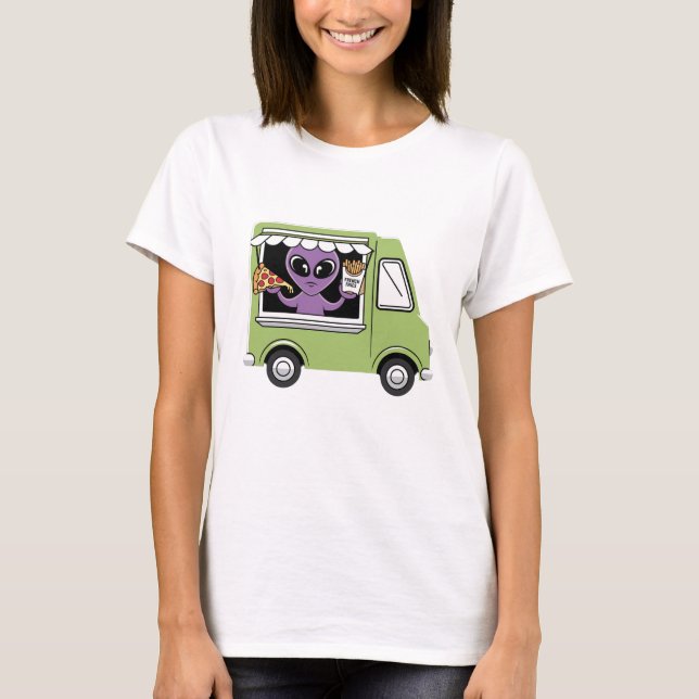 Funny Alien Food Truck French Fries and Pizza T-Shirt (Front)