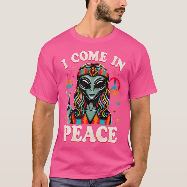 Funny Alien Hippie I Come In Peace Ufo T-Shirt (Front)