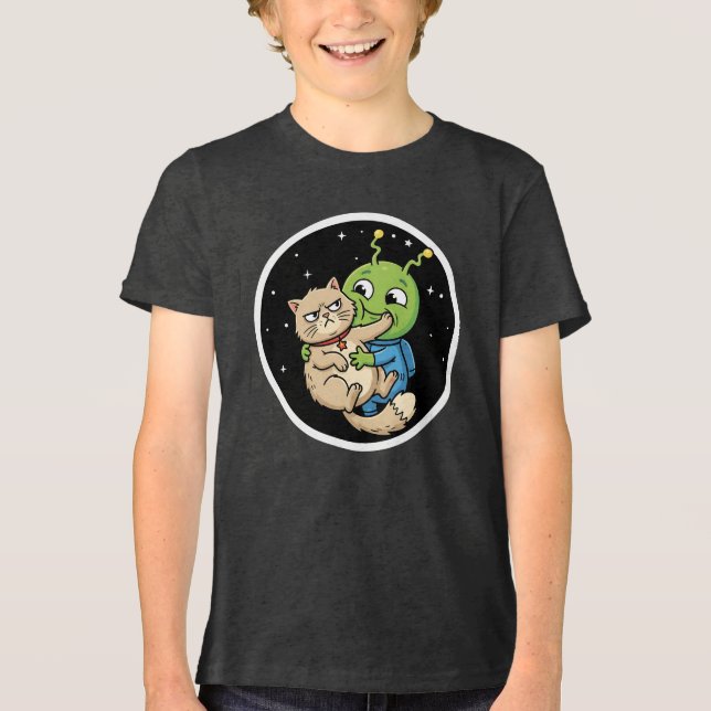 Funny Alien Hugging Grumpy Cat Space Cartoon Tri-Blend Shirt (Front)