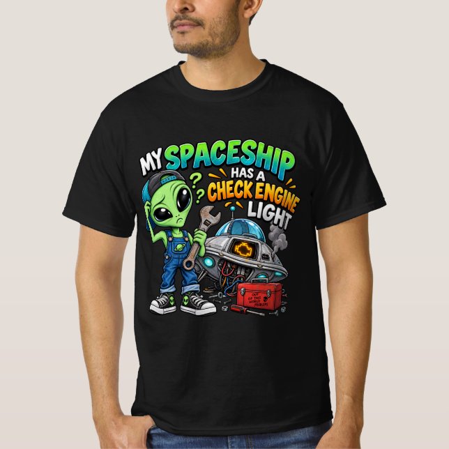 Funny Alien Mechanic Spaceship Check Engine Light  T-Shirt (Front)