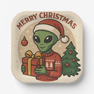 Funny Alien Merry Christmas Paper Plate