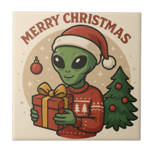 Funny Alien Merry Christmas Tile