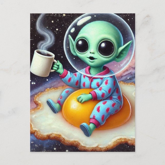 Funny Alien on a Fried Egg in Space Postcard (Front)