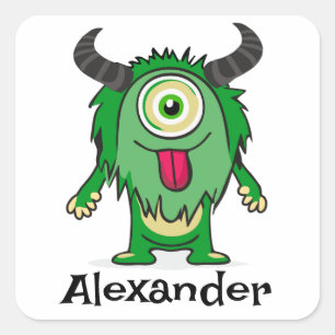 Funny Alien One Eye Green Monster Cartoon Square Sticker