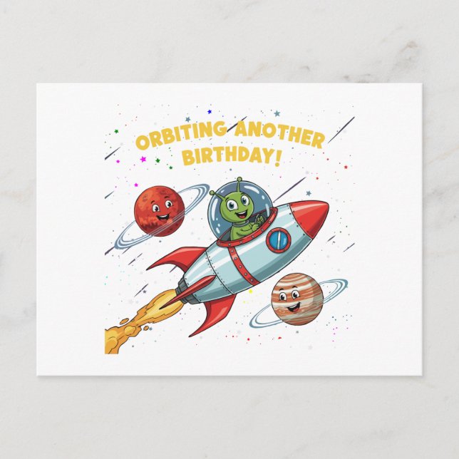 Funny Alien "Orbiting Another Birthday" Space Card (Front)