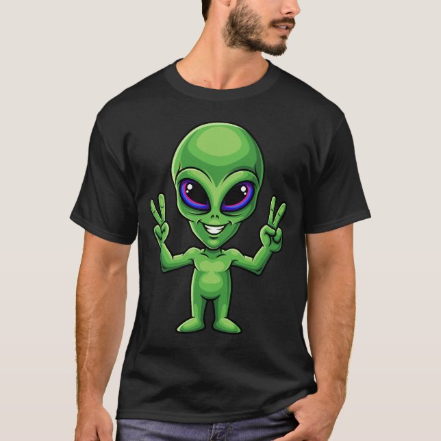 Funny Alien Peace Symbol Smiling Humor Cute UFO  T-Shirt (Front)