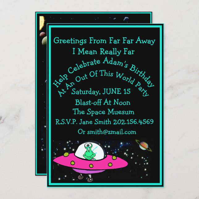 Funny Alien & Space Ship Birthday Invitation (Front/Back)
