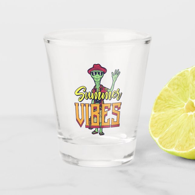 Funny Alien Summer Vibes Tropical Fun Shot Glass (Front)