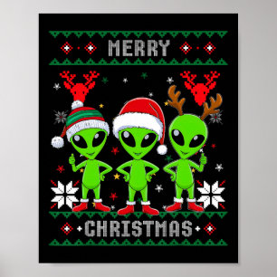 Funny Alien Trio Merry Ugly Christmas Santa Hat Gi Poster