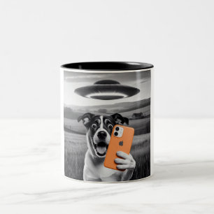 Funny Alien UFO Dog Selfie - Cool Cat & Space UFO Two-Tone Coffee Mug