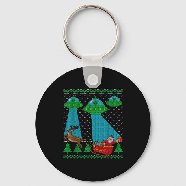 Funny Alien Ufo Santa Sleigh Ugly Christmas Sweate Key Ring (Front)