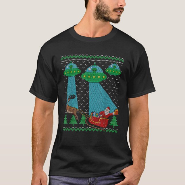 Funny Alien UFO Santa Sleigh Ugly Christmas Sweate T-Shirt (Front)