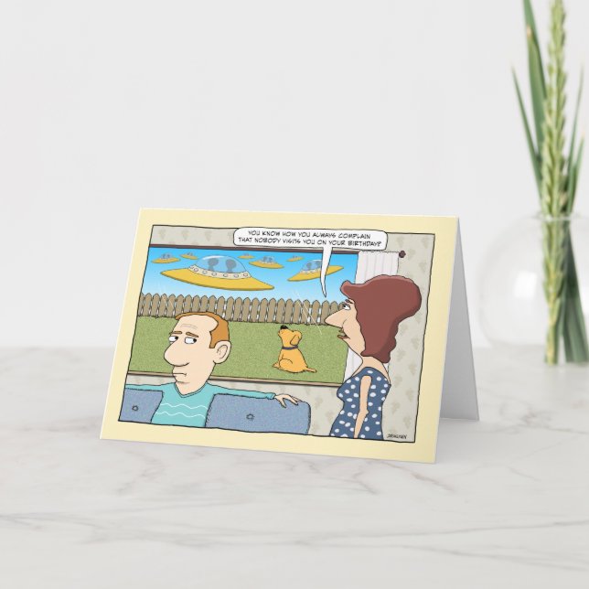 Funny Alien Visitors Birthday Card (Front)