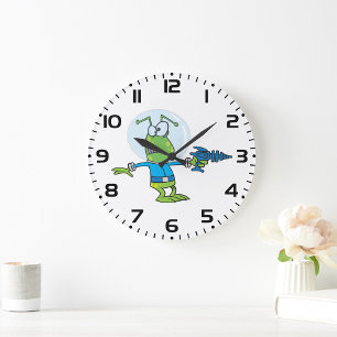 Funny Alien with Ray Gun Sci-Fi Space Invader  Large Clock