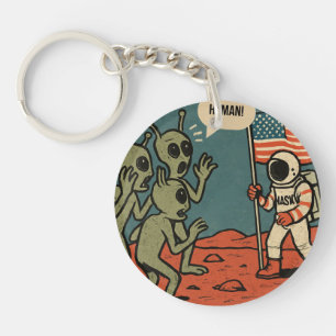 Funny Aliens and Astronaut in Space  Key Ring