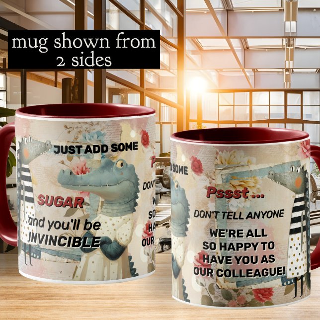 Funny Alligator Coworker Appreciation Coffee Mug (Funny office humor boho chic whimsical coffee mug with a collage design with alligators/crocodiles)