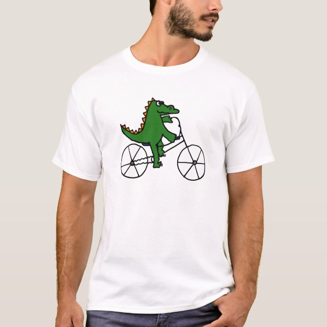 Funny Alligator Riding Bicycle Cartoon T-Shirt (Front)