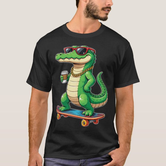 Funny Alligator Skateboard Cool Crocodile Coffee T-Shirt (Front)