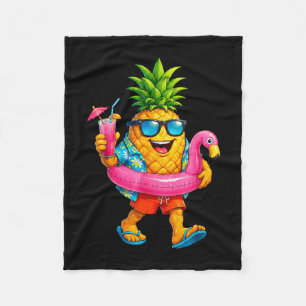 Funny aloha hawaiian pineapple pink flamingo float fleece blanket