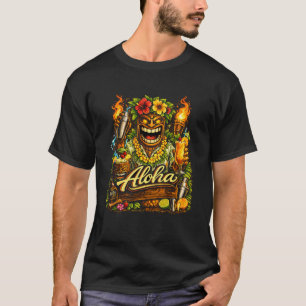 Funny Aloha Tiki Bar Tropical Mask Hibiscus Island T-Shirt