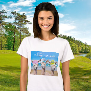 Funny Alpacas At Beach in Hats, Your Message T-Shirt