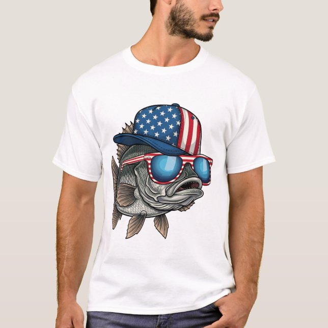 Funny American Big Fish Wearing Flag Cap Fishing T-Shirt (Front)