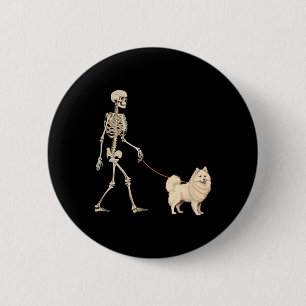 Funny American Eskimo Skeleton Dog Walking 6 Cm Round Badge