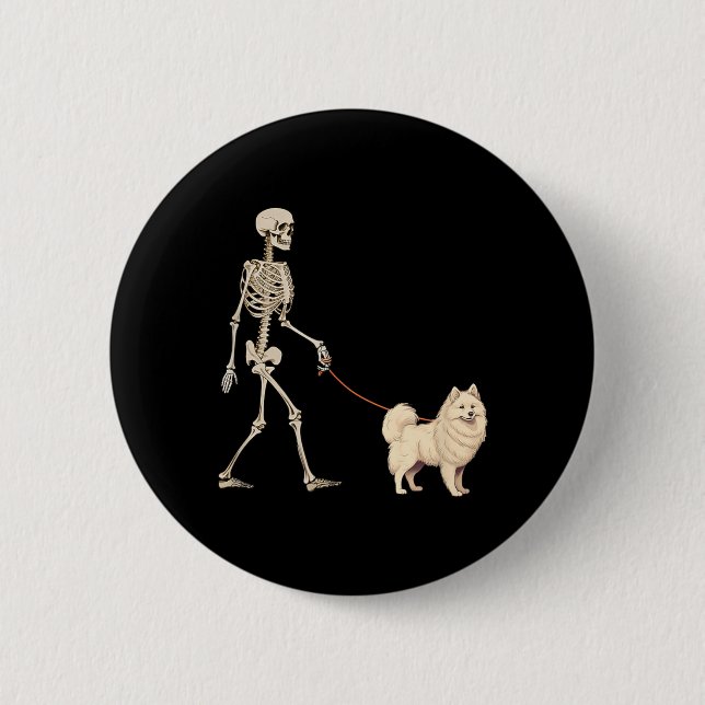 Funny American Eskimo Skeleton Dog Walking 6 Cm Round Badge (Front)