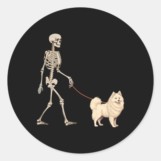 Funny American Eskimo Skeleton Dog Walking Classic Round Sticker (Front)