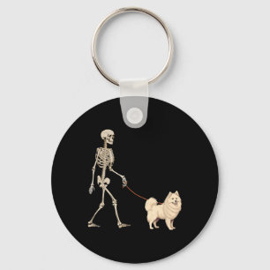 Funny American Eskimo Skeleton Dog Walking Key Ring