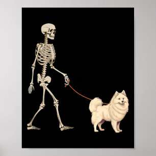 Funny American Eskimo Skeleton Dog Walking Poster